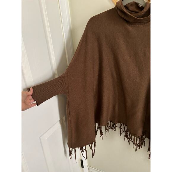 Magaschoni Sweater women's XL Brown Wool Blend Turtleneck Pullover Poncho Fringe - Picture 4 of 10